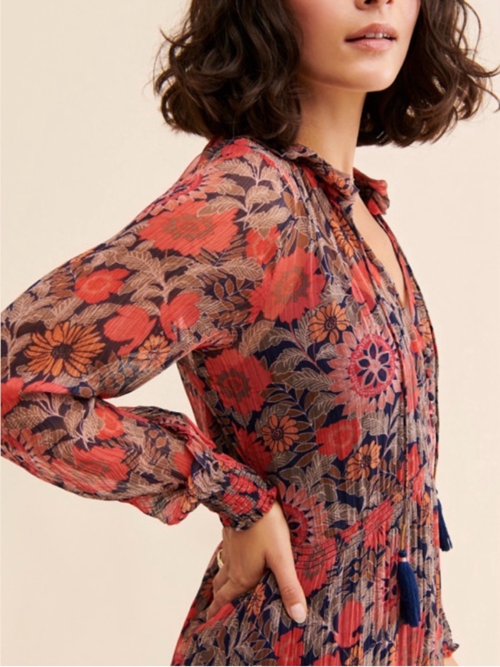 Anthropologie The Marais Printed Chiffon Maxi Dress in Red M Petite Boho Tiered - Picture 2 of 12